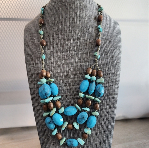 Robert Rose Chunky Statement Necklace Turquoise Brown Beads Boho Layered - Picture 1 of 8